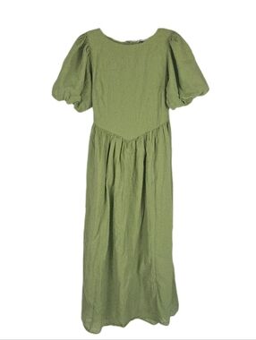 American Eagle Maxi Dress Green Puff Sleeve Drop Waist Gauzy Womens M Prairie
